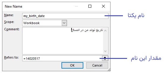 پنجره تعریف یک متن در اکسل 